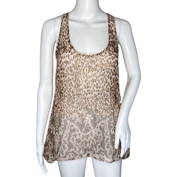 Daytrip Shirt Women Medium Brown Cheetah Print Mixed Print Tank Top Sheer Casual - Picture 1 of 8